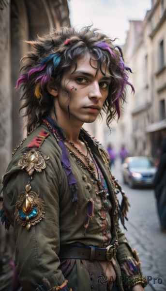 solo,long hair,looking at viewer,brown hair,black hair,hair ornament,long sleeves,1boy,brown eyes,jewelry,closed mouth,standing,jacket,upper body,purple hair,male focus,multicolored hair,cowboy shot,outdoors,parted lips,day,belt,pants,artist name,signature,necklace,blurry,black eyes,bracelet,lips,streaked hair,looking to the side,depth of field,blurry background,chain,watermark,wavy hair,ring,feathers,ground vehicle,building,messy hair,gem,web address,motor vehicle,freckles,beads,realistic,nose,car,brown belt,road,feather hair ornament,street,uniform,military,facepaint