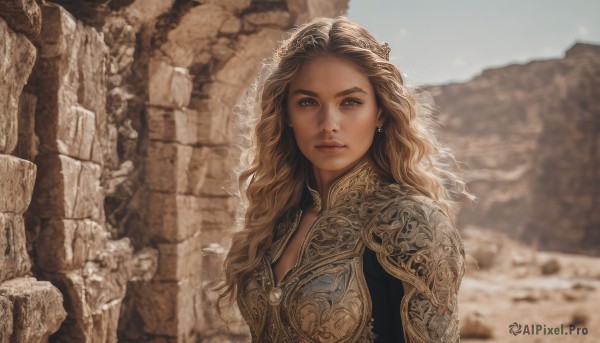 1girl,solo,long hair,breasts,looking at viewer,blue eyes,blonde hair,brown hair,cleavage,jewelry,medium breasts,closed mouth,upper body,earrings,outdoors,day,armor,blurry,lips,blurry background,wavy hair,curly hair,realistic,fantasy,sky,sunlight,veil