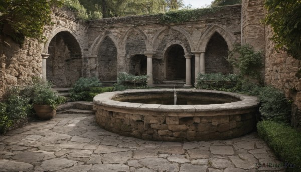 outdoors,day,tree,no humans,window,sunlight,grass,plant,building,scenery,stairs,potted plant,bush,ruins,pillar,arch,moss,overgrown,column,pavement,stone floor,sky,water