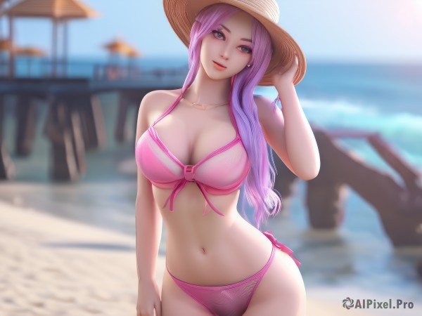 1girl,solo,long hair,breasts,looking at viewer,smile,blue eyes,large breasts,hat,navel,cleavage,bare shoulders,jewelry,green eyes,standing,collarbone,swimsuit,pink hair,purple hair,bikini,cowboy shot,earrings,outdoors,parted lips,day,water,necklace,blurry,lips,head tilt,tattoo,makeup,depth of field,blurry background,side-tie bikini bottom,ocean,umbrella,beach,front-tie top,sun hat,front-tie bikini top,sand,straw hat,pink bikini,hand on headwear,beach umbrella,closed mouth,sky,artist name,cloud,stomach,blue sky,looking to the side,bare arms,dutch angle,piercing,light smile,light purple hair,contrapposto,leaning to the side