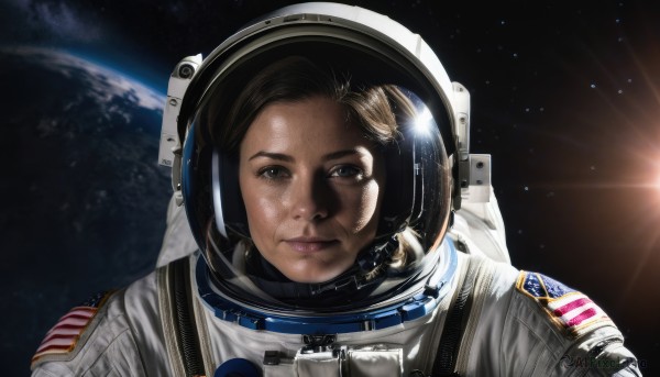 1girl,solo,looking at viewer,brown hair,brown eyes,closed mouth,upper body,black eyes,lips,moon,helmet,portrait,star (sky),freckles,reflection,realistic,sun,space,planet,earth (planet),american flag,spacesuit,space helmet,astronaut,1boy,male focus,lens flare,flag print,american flag print