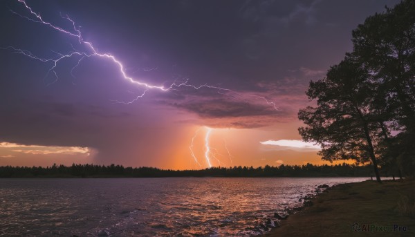 outdoors,sky,cloud,water,tree,no humans,ocean,cloudy sky,nature,scenery,forest,reflection,sunset,horizon,silhouette,electricity,river,lightning,landscape,grass,twilight,evening