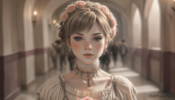 1girl,solo,looking at viewer,blush,short hair,bangs,brown hair,hair ornament,dress,brown eyes,jewelry,collarbone,upper body,flower,earrings,parted lips,multiple boys,solo focus,choker,indoors,hair flower,necklace,white dress,blurry,lips,depth of field,blurry background,rose,gem,portrait,pink flower,freckles,realistic,pink rose,church,stairs