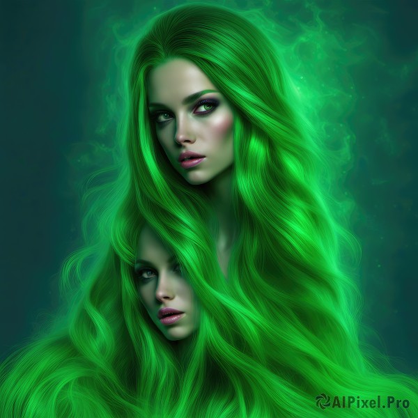 1girl,solo,long hair,looking at viewer,blue eyes,green eyes,upper body,parted lips,green hair,lips,eyelashes,makeup,glowing,colored skin,lipstick,portrait,eyeshadow,realistic,nose,green skin,aura,green theme,multiple girls,2girls,signature,watermark,monster girl,web address,dual persona