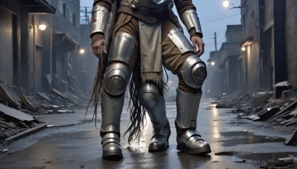 solo,long hair,1boy,standing,full body,male focus,boots,outdoors,sky,day,pants,armor,shoulder armor,gauntlets,building,pelvic curtain,1other,clenched hands,pauldrons,breastplate,arms at sides,vambraces,armored boots,knee pads,greaves,brown pants,ruins,lamppost,street,ambiguous gender,puddle,leg armor,black hair,very long hair,snow