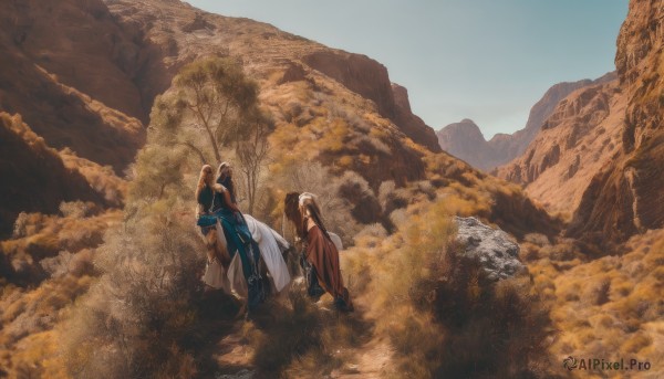 1girl,long hair,blonde hair,brown hair,black hair,long sleeves,1boy,holding,standing,weapon,white hair,outdoors,multiple boys,sky,day,2boys,cape,tree,scenery,walking,robe,rock,mountain,wide shot,male focus,sword,armor,nature,forest