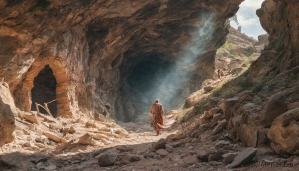 solo,1boy,standing,male focus,outdoors,sky,day,cloud,hood,from behind,cape,scenery,hood up,robe,rock,mountain,fantasy,facing away,wide shot,multiple others,ambiguous gender,cliff,cave,bag,backpack