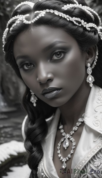 1girl,solo,long hair,breasts,looking at viewer,hair ornament,cleavage,jewelry,medium breasts,closed mouth,collarbone,monochrome,upper body,braid,greyscale,earrings,dark skin,necklace,blurry,dark-skinned female,lips,head tilt,eyelashes,single braid,makeup,depth of field,blurry background,lipstick,gem,portrait,hair over shoulder,close-up,forehead,braided ponytail,realistic,nose,hair pulled back,pearl necklace,multiple braids,artist name