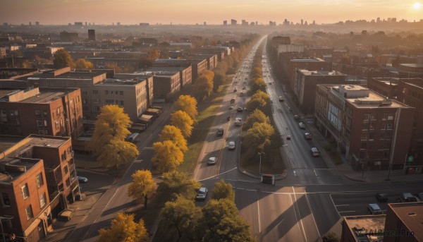 outdoors,sky,cloud,tree,no humans,window,sunlight,ground vehicle,building,scenery,motor vehicle,sunset,stairs,city,sign,railing,sun,car,road,cityscape,house,lamppost,street,rooftop,shadow,bridge,skyscraper,evening,road sign,traffic light,truck,crosswalk,real world location,sidewalk