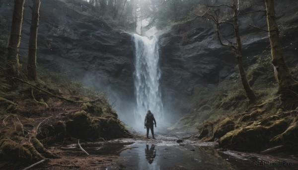 solo,1boy,standing,weapon,male focus,outdoors,water,from behind,tree,bird,sunlight,nature,scenery,1other,forest,reflection,rock,fantasy,waterfall,ambiguous gender,fog,facing away,wide shot,river