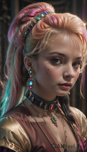 1girl,solo,long hair,breasts,looking at viewer,blue eyes,blonde hair,hair ornament,cleavage,jewelry,green eyes,collarbone,upper body,ponytail,pink hair,multicolored hair,earrings,parted lips,choker,artist name,signature,necklace,mole,blurry,vest,collar,two-tone hair,lips,eyelashes,mole under eye,makeup,blurry background,high ponytail,lipstick,gem,portrait,pendant,eyeshadow,freckles,realistic,nose,red lips,eyeliner,blue gemstone,mascara,braid,hairband,watermark,gold