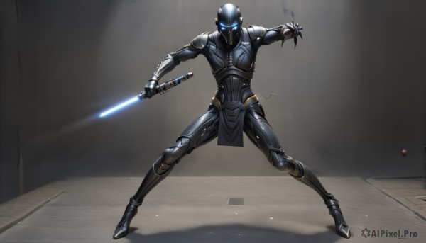 solo,blue eyes,1boy,holding,standing,full body,weapon,male focus,sword,holding weapon,armor,glowing,holding sword,helmet,robot,glowing eyes,science fiction,dual wielding,fighting stance,full armor,alien,power armor,energy sword,lightsaber,looking at viewer,bodysuit