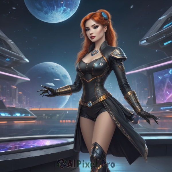 1girl,solo,long hair,breasts,looking at viewer,blue eyes,large breasts,brown hair,hair ornament,gloves,cleavage,jewelry,medium breasts,standing,boots,sky,shorts,black gloves,necklace,orange hair,armor,lips,short shorts,makeup,night,wavy hair,black shorts,moon,lipstick,gauntlets,building,gem,science fiction,red lips,space,planet,red hair,earrings,parted lips,realistic