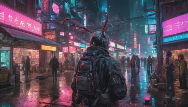 weapon, outdoors, multiple boys, bag, dutch angle, night, backpack, helmet, building, scenery, science fiction, rain, 6+boys, city, sign, road, street, city lights, cyberpunk, neon lights