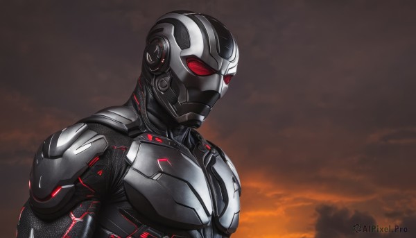 solo,red eyes,1boy,upper body,male focus,sky,cloud,armor,bodysuit,helmet,cloudy sky,science fiction,power armor,from side,mask,glowing,glowing eyes,red sky