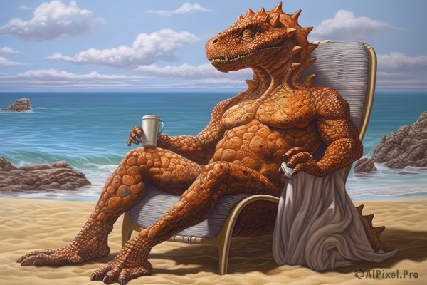 solo,holding,sitting,tail,full body,yellow eyes,outdoors,sky,teeth,day,cloud,water,cup,blue sky,no humans,ocean,chair,beach,ring,holding cup,claws,monster,rock,mug,sand,scales,kaijuu,muscular,cloudy sky,horizon