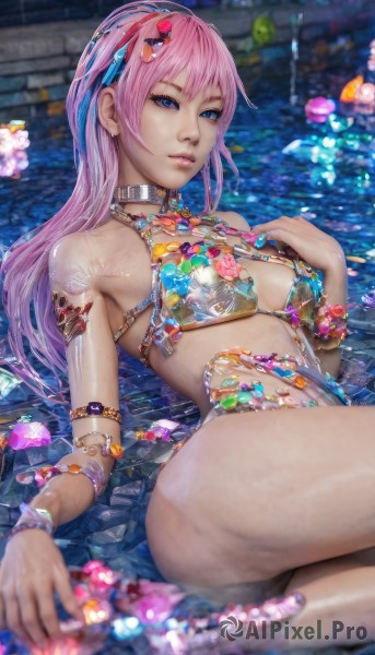 megurine luka,1girl,solo,long hair,breasts,looking at viewer,bangs,blue eyes,hair ornament,jewelry,medium breasts,swimsuit,pink hair,ass,flower,bikini,thighs,hairband,earrings,lying,parted lips,choker,on back,water,blurry,bracelet,lips,wet,depth of field,blurry background,gem,armlet,realistic,nose,reclining,closed mouth,ponytail,heart,multicolored hair,artist name,necklace,collar,petals,eyelashes,tattoo,piercing,ear piercing,partially submerged,pool,multicolored bikini