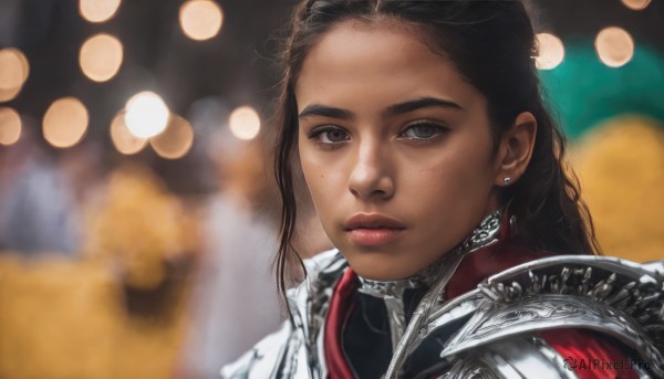 1girl,solo,long hair,looking at viewer,brown hair,black hair,jewelry,closed mouth,upper body,earrings,dark skin,armor,mole,blurry,black eyes,dark-skinned female,lips,grey eyes,depth of field,blurry background,shoulder armor,portrait,forehead,freckles,pauldrons,breastplate,realistic,nose,stud earrings,plate armor,solo focus,mole under eye,mole on cheek