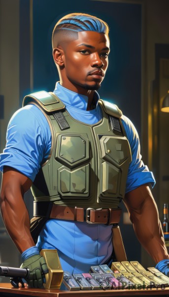 solo,looking at viewer,short hair,shirt,gloves,1boy,holding,brown eyes,blue hair,upper body,weapon,short sleeves,male focus,multicolored hair,belt,indoors,dark skin,fingerless gloves,uniform,black eyes,vest,two-tone hair,lips,gun,muscular,facial hair,dark-skinned male,blue shirt,sleeves rolled up,veins,realistic,nose,hair behind ear,animification,undercut,money,bullet,grenade,mohawk,dreadlocks,ammunition,bulletproof vest,bandolier,shotgun shell,closed mouth,brown gloves,brown belt,very short hair,green gloves