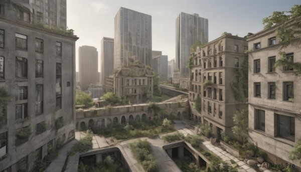 outdoors,sky,day,cloud,tree,no humans,window,plant,building,scenery,stairs,city,cityscape,ruins,skyscraper,overgrown,blue sky,grass