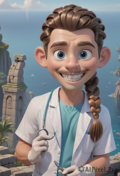 solo,long hair,looking at viewer,smile,blue eyes,brown hair,shirt,gloves,1boy,holding,upper body,braid,short sleeves,male focus,outdoors,sky,teeth,day,cloud,white gloves,water,grin,blue sky,single braid,facial hair,bird,ocean,thick eyebrows,blue shirt,child,hair over shoulder,freckles,realistic,mustache,labcoat,stethoscope,lighthouse,artist name,shell