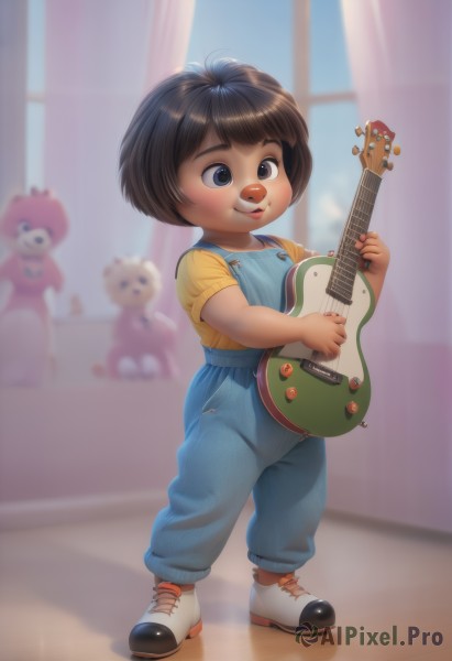 1girl,solo,smile,short hair,bangs,brown hair,shirt,black hair,holding,brown eyes,closed mouth,standing,full body,short sleeves,shoes,indoors,dark skin,blurry,black eyes,window,blurry background,shadow,stuffed toy,white footwear,suspenders,stuffed animal,curtains,sneakers,instrument,child,teddy bear,yellow shirt,music,guitar,female child,overalls,playing instrument,holding instrument,bear,blue overalls,blue eyes,dress