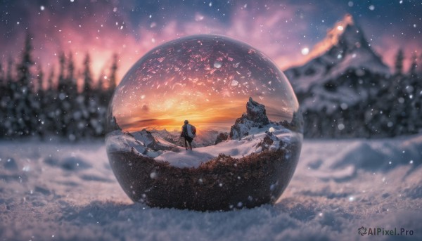 standing, outdoors, sky, cloud, signature, bag, blurry, tree, depth of field, backpack, star (sky), scenery, snow, sunset, snowing, horizon, winter, footprints