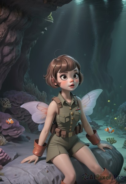 1girl,solo,blush,short hair,open mouth,bangs,brown hair,shirt,brown eyes,sitting,boots,parted lips,wings,shorts,teeth,sleeveless,belt,artist name,water,uniform,lips,wrist cuffs,military,military uniform,brown footwear,sunlight,knee boots,bug,looking up,nature,fish,pocket,pouch,light rays,rock,nose,fairy wings,fairy,sunbeam,mushroom,belt pouch,cave,makeup,animal,watermark,web address,underwater,green shirt,green shorts,coral,log