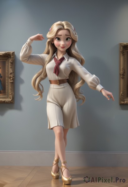 1girl,solo,long hair,breasts,looking at viewer,blush,smile,skirt,blonde hair,shirt,hair ornament,long sleeves,dress,brown eyes,medium breasts,very long hair,standing,full body,white shirt,puffy sleeves,belt,artist name,indoors,hand up,arm up,high heels,lips,ascot,shadow,wavy hair,white skirt,crossed legs,red lips,brown belt,yellow footwear,necktie,shoes,collared shirt,watermark,brown footwear