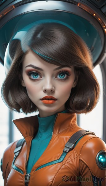 1girl,solo,breasts,looking at viewer,short hair,bangs,blue eyes,brown hair,white background,upper body,small breasts,parted lips,shiny,artist name,signature,blurry,aqua eyes,lips,eyelashes,bodysuit,makeup,swept bangs,turtleneck,bob cut,lipstick,eyeshadow,zipper,freckles,science fiction,realistic,nose,red lips,eyeliner,jumpsuit,orange jacket,spacesuit,shirt,black hair,closed mouth,jacket,blurry background,expressionless,helmet,portrait,backlighting,mascara,astronaut