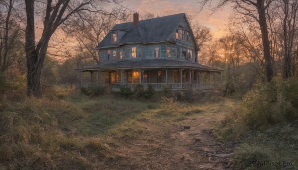 outdoors,sky,cloud,tree,no humans,window,cloudy sky,grass,building,nature,scenery,forest,sunset,fence,door,road,house,lamppost,bare tree,path,bush