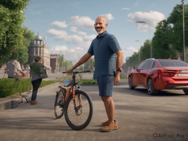 smile,open mouth,shirt,1boy,standing,short sleeves,male focus,outdoors,multiple boys,sky,shoes,shorts,solo focus,day,collared shirt,pants,cloud,2boys,bag,blurry,tree,blue sky,blurry background,facial hair,brown footwear,sunglasses,backpack,blue shirt,ground vehicle,building,sneakers,motor vehicle,beard,walking,blue shorts,watch,realistic,mustache,car,wristwatch,road,bald,old,lamppost,old man,bicycle,fat man,full body,:d,depth of field,4boys,polo shirt