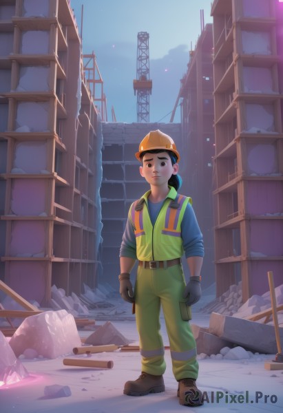 1girl,solo,looking at viewer,blush,smile,shirt,black hair,gloves,1boy,hat,brown eyes,standing,full body,ponytail,male focus,boots,outdoors,black gloves,belt,pants,vest,brown footwear,brown gloves,rock,overalls,hardhat,jacket,shoes,bag,black eyes,backpack,helmet,building,sleeves rolled up,ruins,jumpsuit,green pants,yellow headwear,rubble