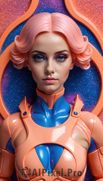 1girl,solo,breasts,looking at viewer,short hair,blue eyes,medium breasts,closed mouth,upper body,pink hair,shiny,signature,dark skin,dark-skinned female,lips,bodysuit,makeup,watermark,lipstick,star (sky),skin tight,web address,eyeshadow,starry sky,science fiction,curly hair,realistic,nose,eyeliner,space,straight-on,mascara,spacesuit,small breasts,artist name,eyelashes,shiny clothes