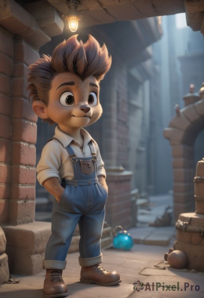 solo,smile,short hair,brown hair,shirt,1boy,brown eyes,closed mouth,standing,full body,white shirt,male focus,boots,outdoors,collared shirt,blurry,:3,blurry background,facial hair,brown footwear,thick eyebrows,spiked hair,child,furry,sleeves rolled up,hands in pockets,overalls,male child,barrel,crate,artist name,watermark,suspenders,denim,web address,lamp,brick wall,light bulb,alley,rubble