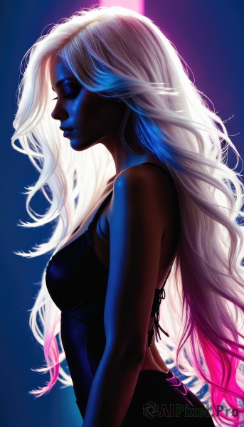 1girl,solo,long hair,breasts,dress,bare shoulders,medium breasts,very long hair,closed mouth,closed eyes,upper body,pink hair,white hair,multicolored hair,black dress,from side,lips,gradient hair,profile,makeup,glowing,colored skin,blue background,backlighting,nose,blue skin,simple background,blue hair,sleeveless,artist name,signature,dark skin,dark-skinned female,streaked hair,gradient,gradient background,wavy hair,facial mark,lipstick,eyeshadow,very dark skin,blue lips,sidelighting