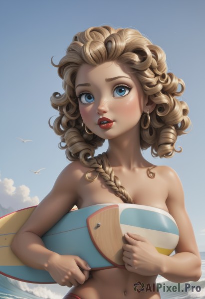 1girl,solo,long hair,breasts,looking at viewer,blush,blue eyes,blonde hair,large breasts,brown hair,navel,holding,cleavage,bare shoulders,jewelry,medium breasts,collarbone,swimsuit,upper body,braid,bikini,earrings,outdoors,parted lips,sky,teeth,day,cloud,water,dark-skinned female,blue sky,lips,strapless,bird,ocean,beach,forehead,freckles,red bikini,curly hair,hoop earrings,red lips,strapless bikini,seagull,surfboard,artist name,eyelashes,single braid,makeup,topless,sunlight,cloudy sky,lipstick,between breasts,hair over shoulder,horizon,waves