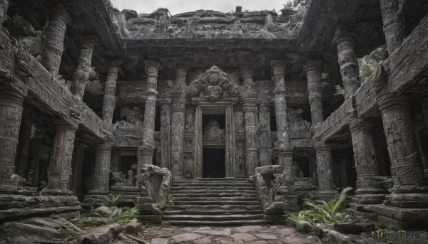 outdoors,tree,no humans,grass,plant,scenery,stairs,architecture,ruins,pillar,statue,arch,moss,overgrown,column,stone stairs,monochrome,building,rock