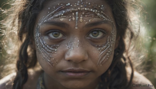 1girl,solo,long hair,looking at viewer,brown hair,black hair,brown eyes,jewelry,closed mouth,yellow eyes,braid,dark skin,blurry,dark-skinned female,lips,eyelashes,depth of field,blurry background,portrait,close-up,freckles,realistic,nose,1boy,male focus,headdress