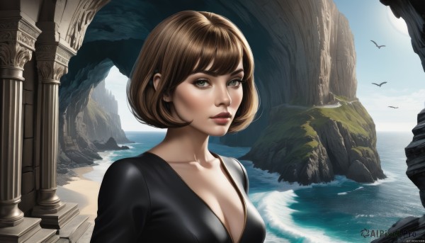 1girl,solo,breasts,looking at viewer,short hair,bangs,large breasts,brown hair,cleavage,brown eyes,medium breasts,closed mouth,green eyes,collarbone,upper body,outdoors,sky,day,artist name,water,lips,eyelashes,makeup,bird,ocean,bob cut,rock,mountain,nose,pillar,blue eyes,dress,signature,black dress,blue sky,beach,realistic,waves