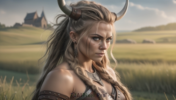 1girl,solo,long hair,breasts,looking at viewer,blonde hair,brown hair,cleavage,bare shoulders,brown eyes,jewelry,closed mouth,upper body,braid,earrings,outdoors,horns,sky,day,necklace,armor,blurry,twin braids,lips,grey eyes,blurry background,scar,grass,armlet,freckles,realistic,nose,artist name,signature,blood,piercing,ear piercing,forehead,blood on face,facepaint,dirty,nose piercing