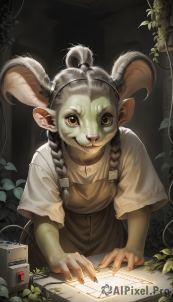 1girl,solo,long hair,looking at viewer,smile,shirt,dress,animal ears,brown eyes,closed mouth,yellow eyes,white shirt,upper body,braid,short sleeves,grey hair,hairband,horns,teeth,pointy ears,twin braids,fingernails,colored skin,leaf,plant,child,furry,freckles,furry female,female child,overalls,computer,green skin,vines,laptop,horizontal pupils,goblin,ivy,brown hair,long sleeves,apron,leaning forward,realistic