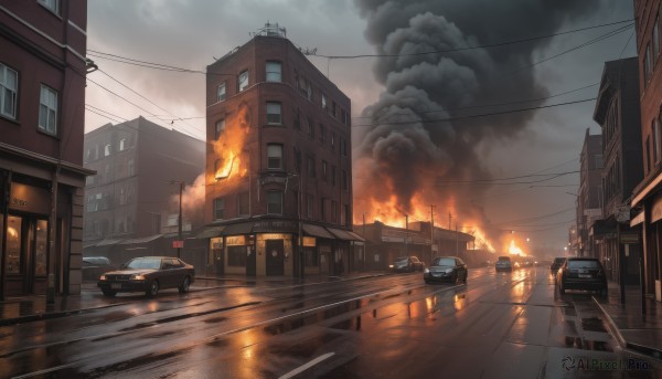 outdoors,sky,cloud,water,no humans,window,night,cloudy sky,fire,ground vehicle,building,scenery,motor vehicle,smoke,reflection,rain,city,sign,car,road,house,vehicle focus,power lines,lamppost,street,utility pole,puddle,burning,truck