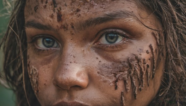 1girl,solo,looking at viewer,blue eyes,brown hair,black hair,hair ornament,closed mouth,green eyes,lips,eyelashes,blood,portrait,close-up,freckles,green background,realistic,dirty,1boy,male focus,facial hair,beard,eye focus