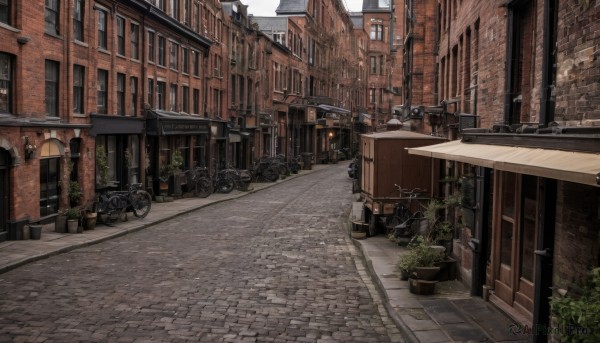 outdoors,day,no humans,window,plant,ground vehicle,building,scenery,motor vehicle,city,door,potted plant,road,brick wall,lamppost,street,bicycle,pavement,sky,tree,railing,car,bush,cityscape,house,town,sidewalk