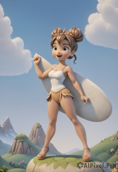 1girl,solo,breasts,smile,short hair,open mouth,brown hair,cleavage,bare shoulders,brown eyes,medium breasts,standing,full body,flower,small breasts,outdoors,wings,sky,day,cloud,hair bun,blue sky,double bun,covered navel,sandals,camisole,fairy wings,fairy,mushroom,dark skin,toes,single hair bun,grass,tiara