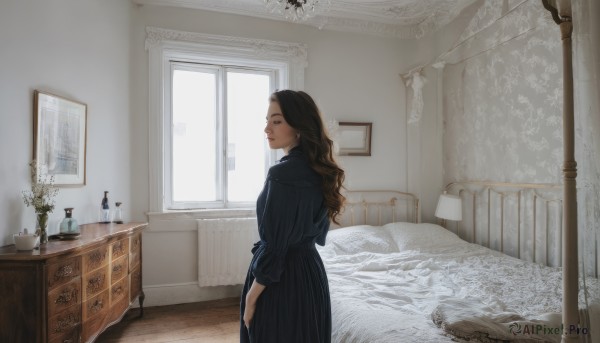 1girl,solo,long hair,looking at viewer,brown hair,black hair,long sleeves,dress,brown eyes,closed mouth,standing,flower,day,striped,looking back,indoors,black eyes,black dress,lips,pillow,window,bed,on bed,wavy hair,chair,table,sunlight,plant,curtains,scenery,realistic,lamp,bedroom,vase,picture frame,painting (object),cabinet,chest of drawers,from side,profile,makeup,bottle,lipstick