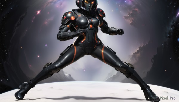 1girl,solo,breasts,looking at viewer,medium breasts,standing,full body,armor,orange eyes,bodysuit,glowing,helmet,clenched hand,star (sky),skin tight,science fiction,legs apart,fighting stance,black bodysuit,space,planet,full armor,power armor,power suit,gloves,weapon,boots,gun,shoulder armor,clenched hands,pauldrons,neon trim,galaxy