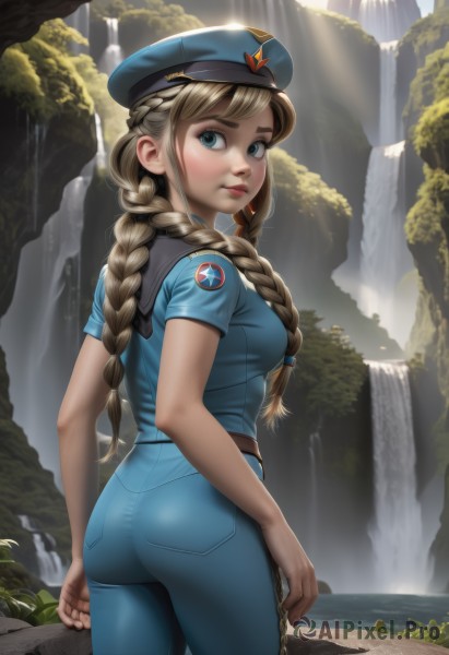 1girl,solo,long hair,breasts,looking at viewer,bangs,blue eyes,blonde hair,brown hair,shirt,hat,twintails,medium breasts,closed mouth,ass,braid,short sleeves,cowboy shot,outdoors,day,belt,looking back,pants,artist name,signature,water,from behind,uniform,twin braids,tree,lips,beret,watermark,sunlight,blue shirt,nature,blue headwear,pocket,light rays,rock,nose,arms at sides,blue pants,red lips,police,river,police uniform,waterfall,policewoman,standing,thick eyebrows,freckles,cliff,thick lips