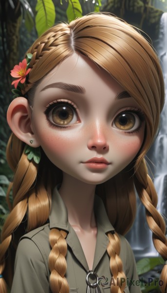 1girl,solo,long hair,looking at viewer,blush,bangs,blonde hair,brown hair,shirt,hair ornament,brown eyes,jewelry,closed mouth,collarbone,upper body,braid,flower,earrings,outdoors,day,collared shirt,artist name,hair flower,water,blurry,twin braids,lips,eyelashes,depth of field,blurry background,swept bangs,leaf,sunlight,thick eyebrows,plant,hair over shoulder,grey shirt,freckles,realistic,nose,stud earrings,nature,waterfall